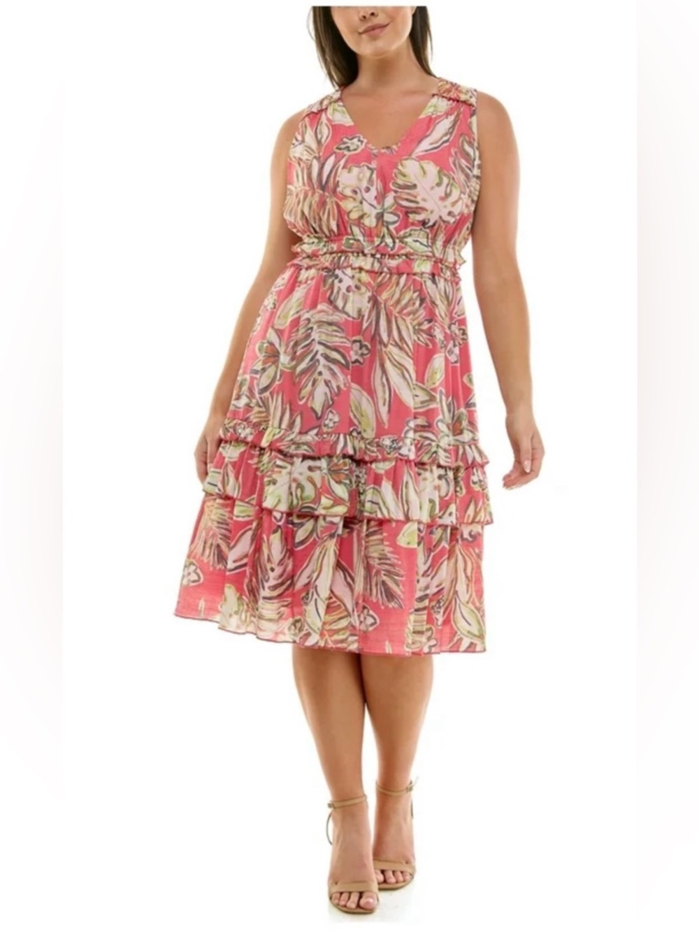 Nanette Lepore Coral Tropical Leaf Tiered Midi Dress NEW size 12